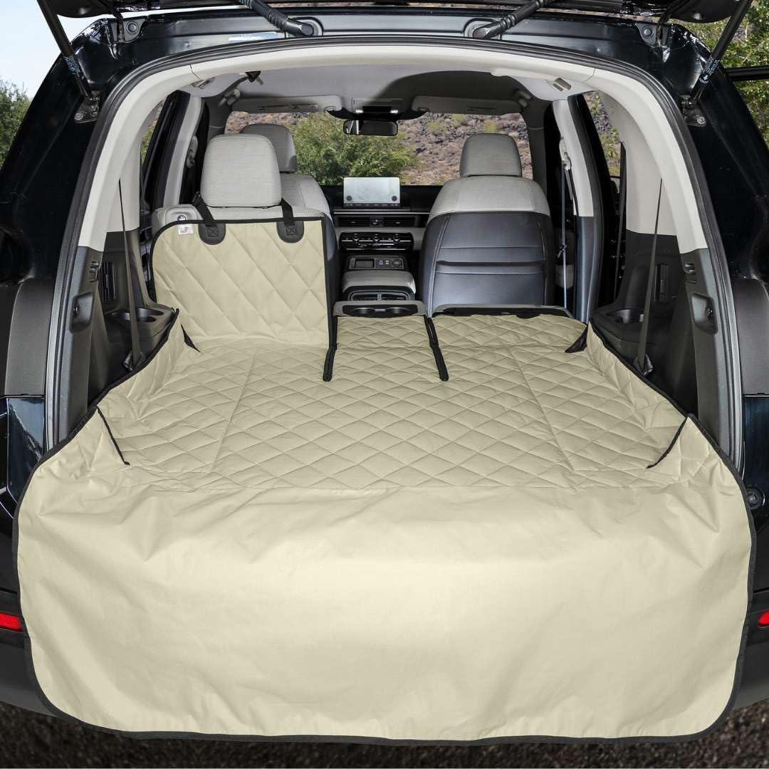 4Knines SUV Cargo Liner for Dogs, Trunk Mat for SUV, Durable Cargo Cover, Protector – Compatible with 60/40 Split Bench & Armrest Pass-Through, Waterproof, Machine Washable, Non-Slip (X Large, Tan)
