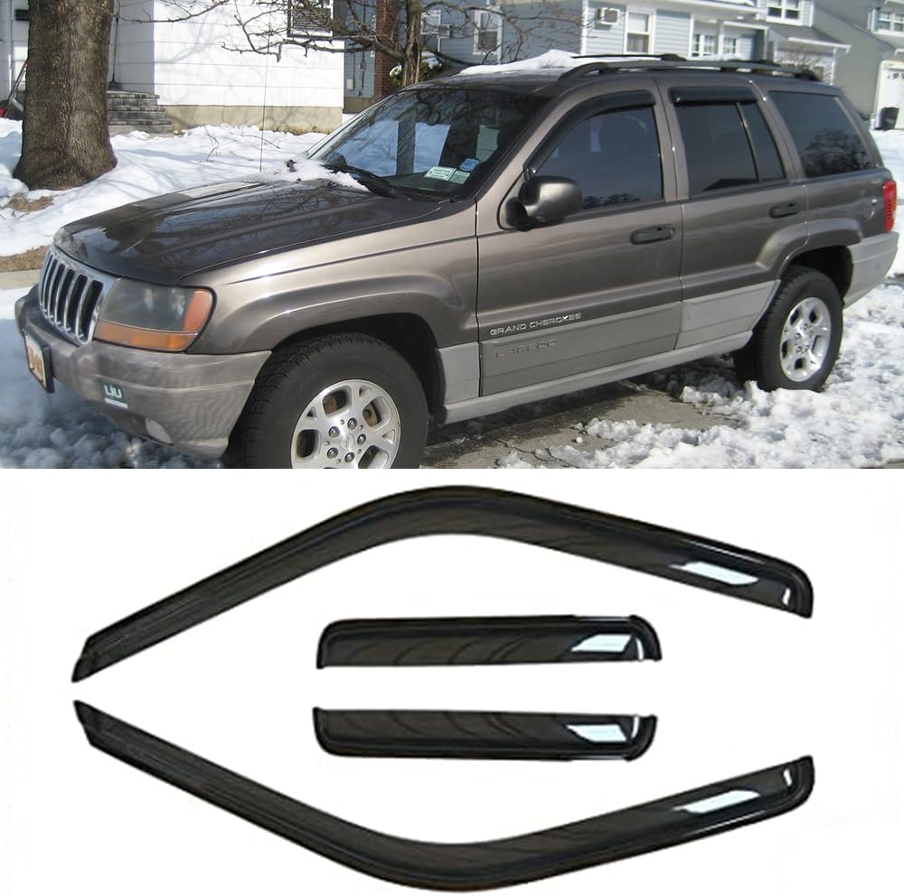 Side Window Deflector Visor Rain Guard,Outside Mount Tape-on Shatterproof Dark Smoke,4pcs Dark Smoke Window Shades fit for 1999-2004 Jeep Grand Cherokee WJ 94650
