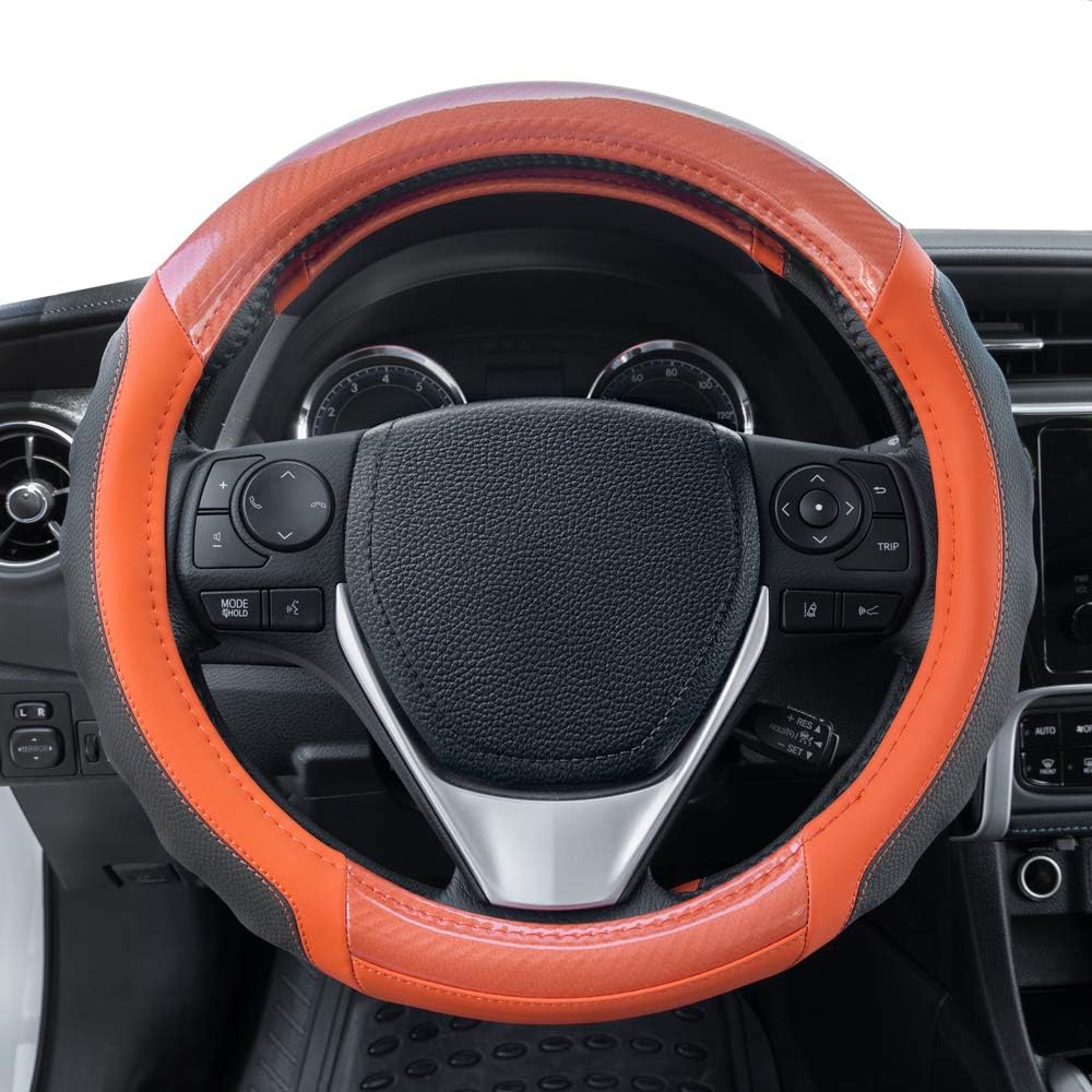 Motor Trend SW-812 Orange Ultra Sport Pebbled Leather Steering Wheel Cover with Carbon Fiber Detail-Universal Fit for Standard Sizes 14.5 to 15.5 inches Black