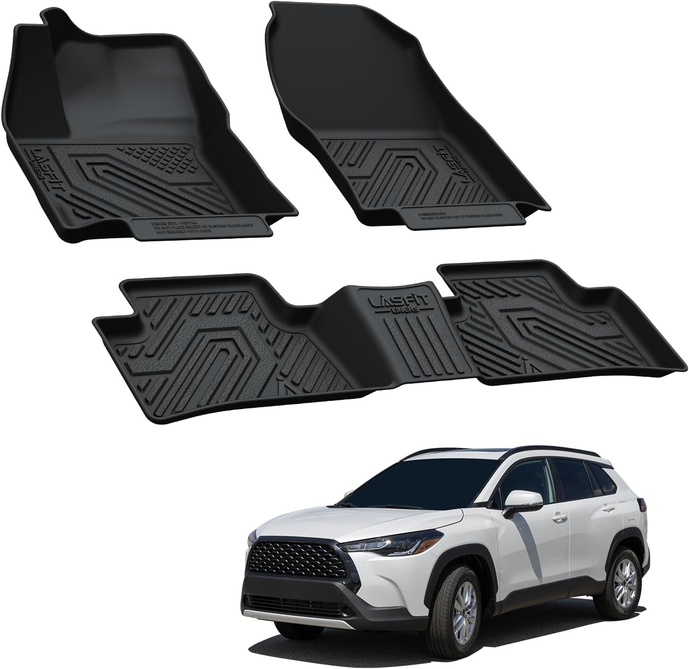 LASFIT Floor Mats Custom Fit for Toyota Corolla Cross 2022-2025（Fit Hybrid Not Fit Gasoline）, All-Weather Protection TPE 1st & 2nd Row Car Liners for Toyota Accsessories, Easy to Clean, Black