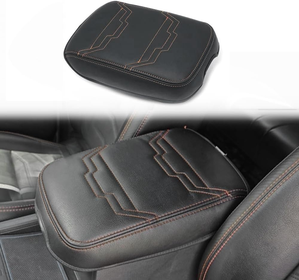 Muslogy for Frontier Center Console Pad Armrest Box Cover Vegan Leather Soft Accessories Armrest Lid Protector Compatible with Nissan Frontier 2022-2024 2025 (Regular Thick, V2 Orange Stitching)