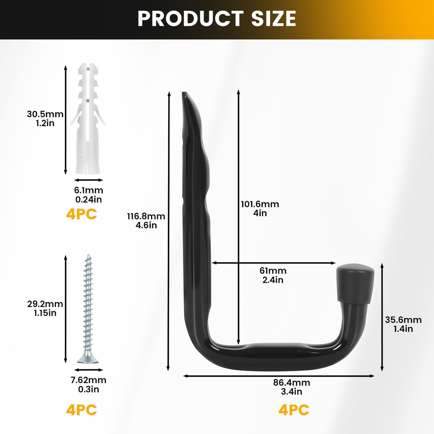 8-Pack Heavy Duty Garage Hooks for Hanging 50 lbs, 8” & 3.5” J Utility Hooks for Garage, Large Metal,Heavy Duty, Black