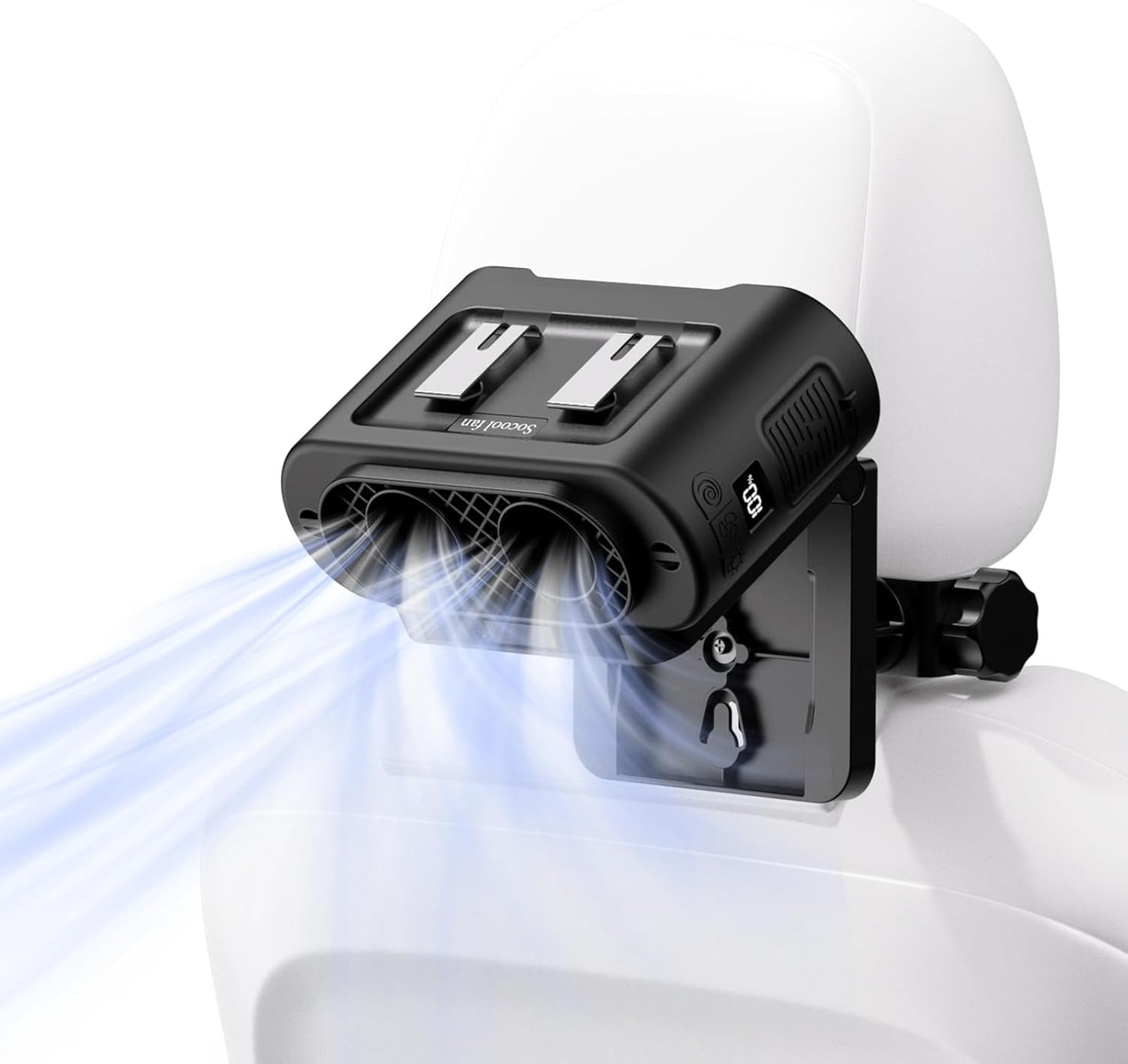 Socool Portable Car Fan - 14500mAh Rechargeable Battery Opearated, Clip on Car Seat Headrest 360 Rotatable, 5-Speed Backseat Fans for Baby Rear Facing Cooling with Dual Air Outlets for SUV RV Truck