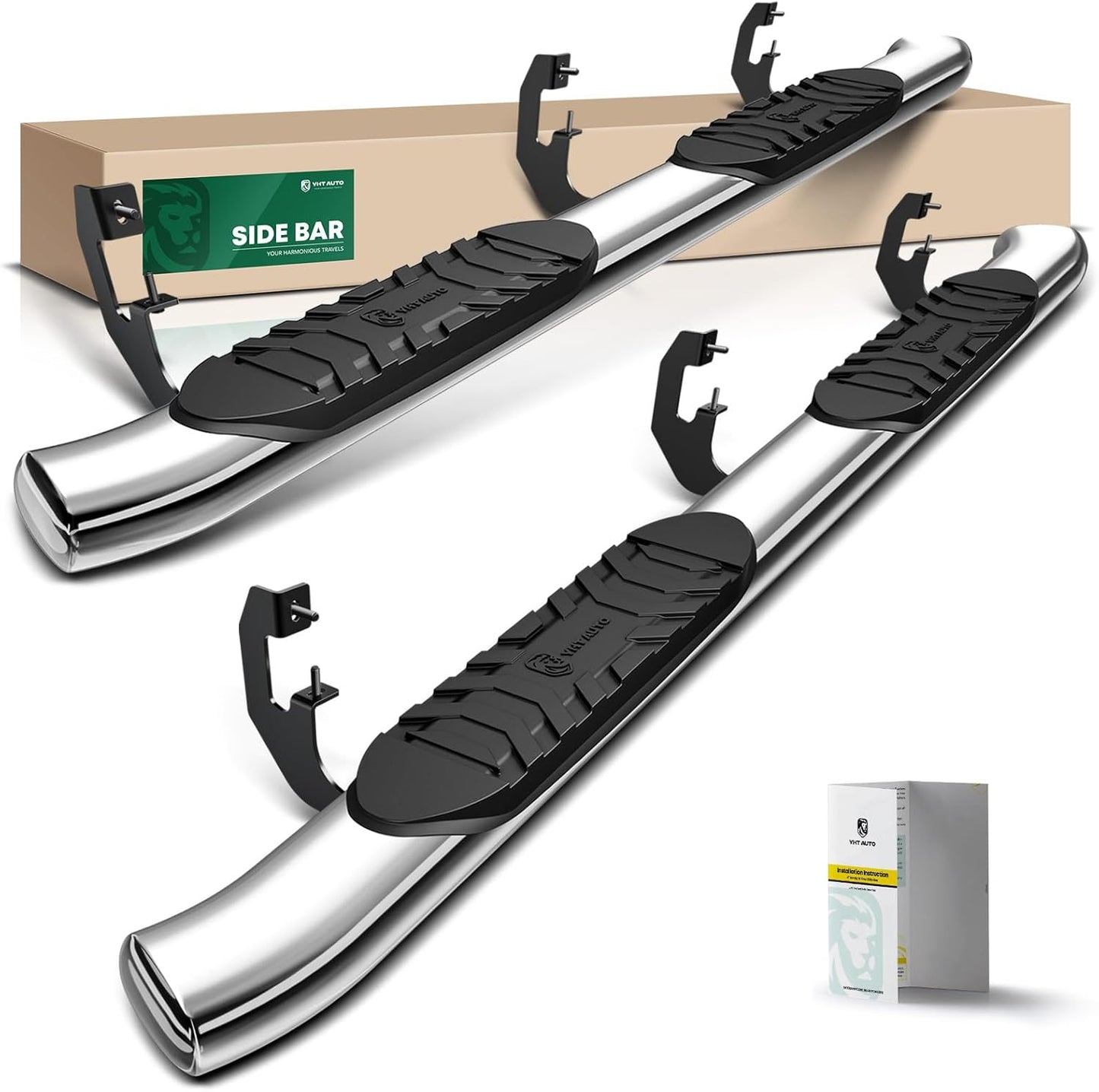 YHTAUTO 5 Inch Running Boards Side Steps Fit 2007-2019 Chevy Silverado & GMC Sierra 1500/2500 HD/3500 HD, Extended/Double Cab, Oval Bent Ends Stainless Steel Polished Chrome, Truck Cab Side Step Rails