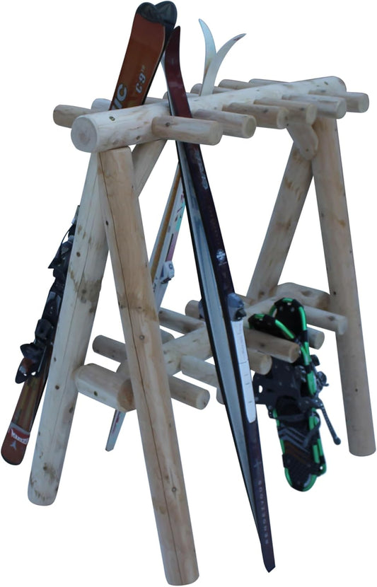 13-Place Freestanding Log Ski Rack Holder, Indoor & Outdoor Snowboard Racks, Standing Storage, Garage Racks for Snow Skis & Poles, Snowboard Rack Garage Storage Organizer - Unfinished + 15" Anchor Kit