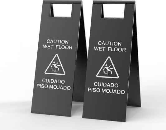 Stainless Steel Wet Floor Sign 2 Pack, 24 Inch Double-Sided Foldable Caution Sign with Handle, 8.8 lb Bilingual Warning for Restaurant, Office, Commercial Cleaning Use, Black