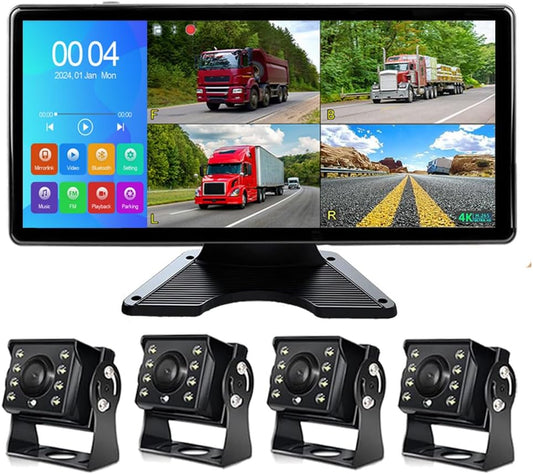 4K RV Backup Camera, 10.36" Touch Screen Monitor for Truck/Van/Trailer DVR Recording with Bluetooth FM MP5 IP69 Waterproof 1080P IR Night Vision Rear Side View Camera