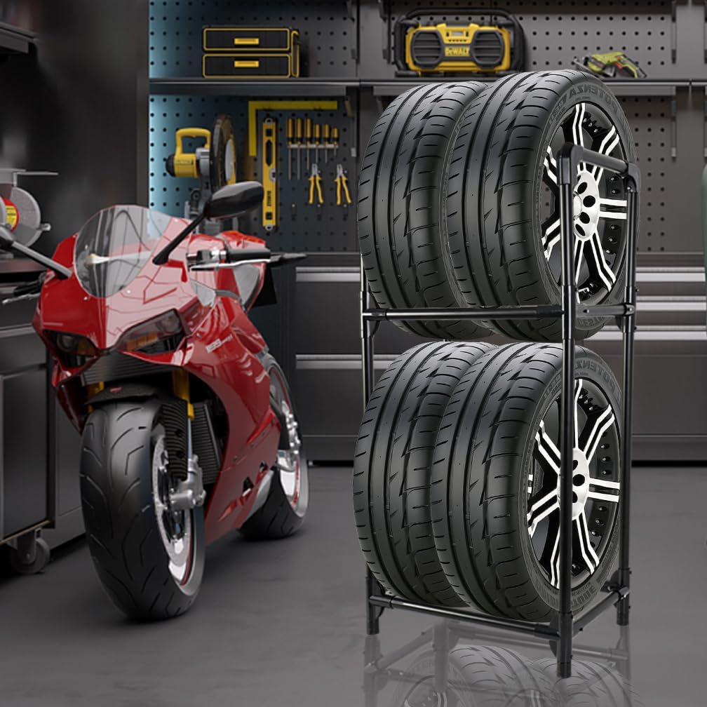 Hershii Tire Storage Rack Standing Garage Storage Shelf Organizer for Indoor Outdoor Use - Black, 22.51'' X 14.16'' X 45.11''