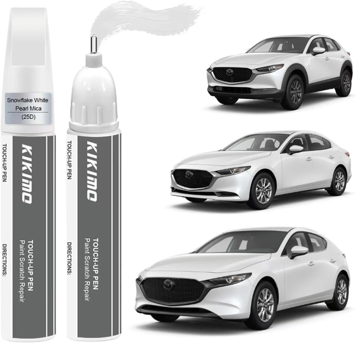 KIKIMO for Mazda Touch Up Paint(Snowflake White Pearl Mica(25D)), Car Paint Repair Kit for Mazda, 2 In 1 Scratches Repair with Pen Tip and Brush, Color-Matched for Quick & Easy Fix