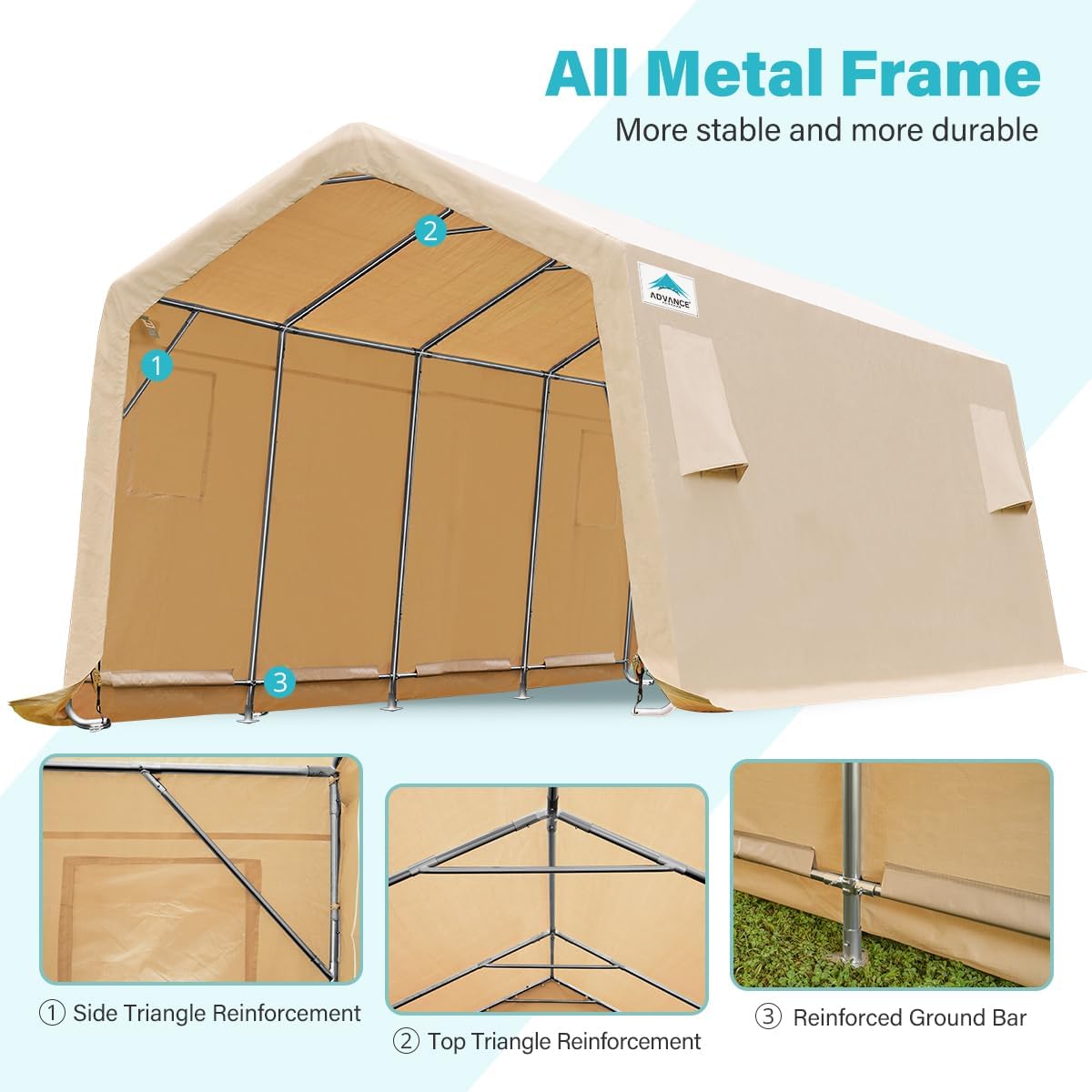 ADVANCE OUTDOOR Heavy Duty 10X20 ft Carport Outdoor Patio Portable Canopy Storage Shelter Shed with 2 Rolled up Zipper Doors & Vents for Snowmobile Garden Tools, Beige