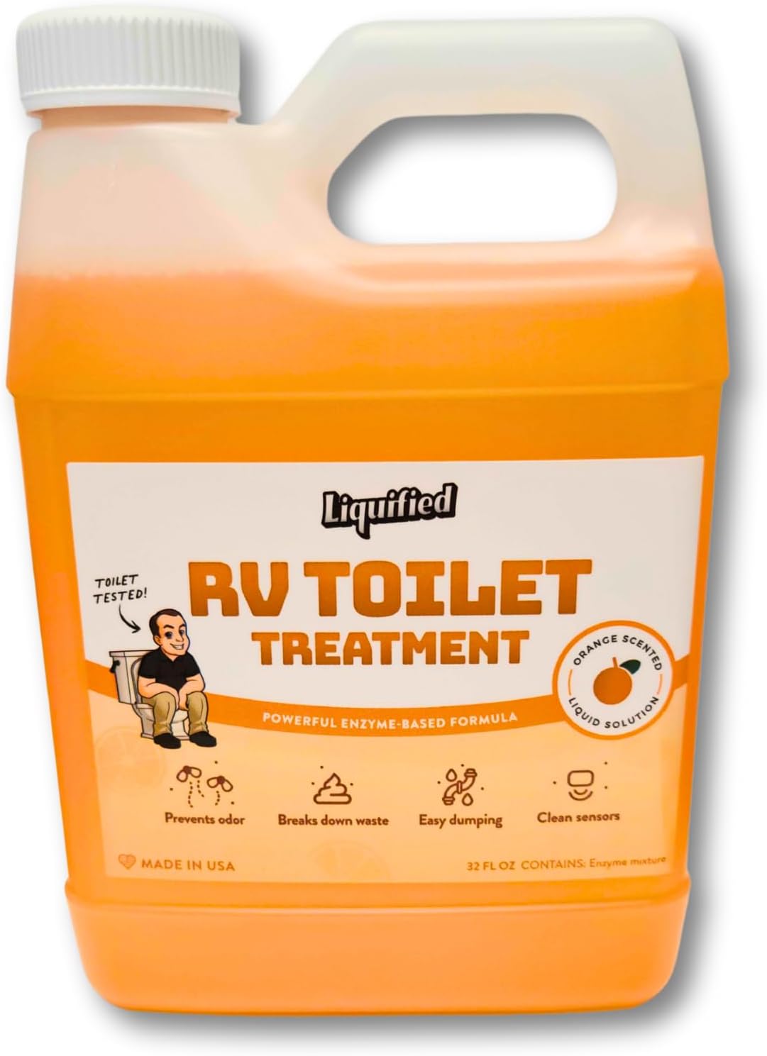 Liquified RV Toilet Treatment - Orange Scent, 32oz Standard Pour Bottle - Holding Tank Waste Digester & Odor Eliminator, Septic Safe, Biodegradable - Made in USA
