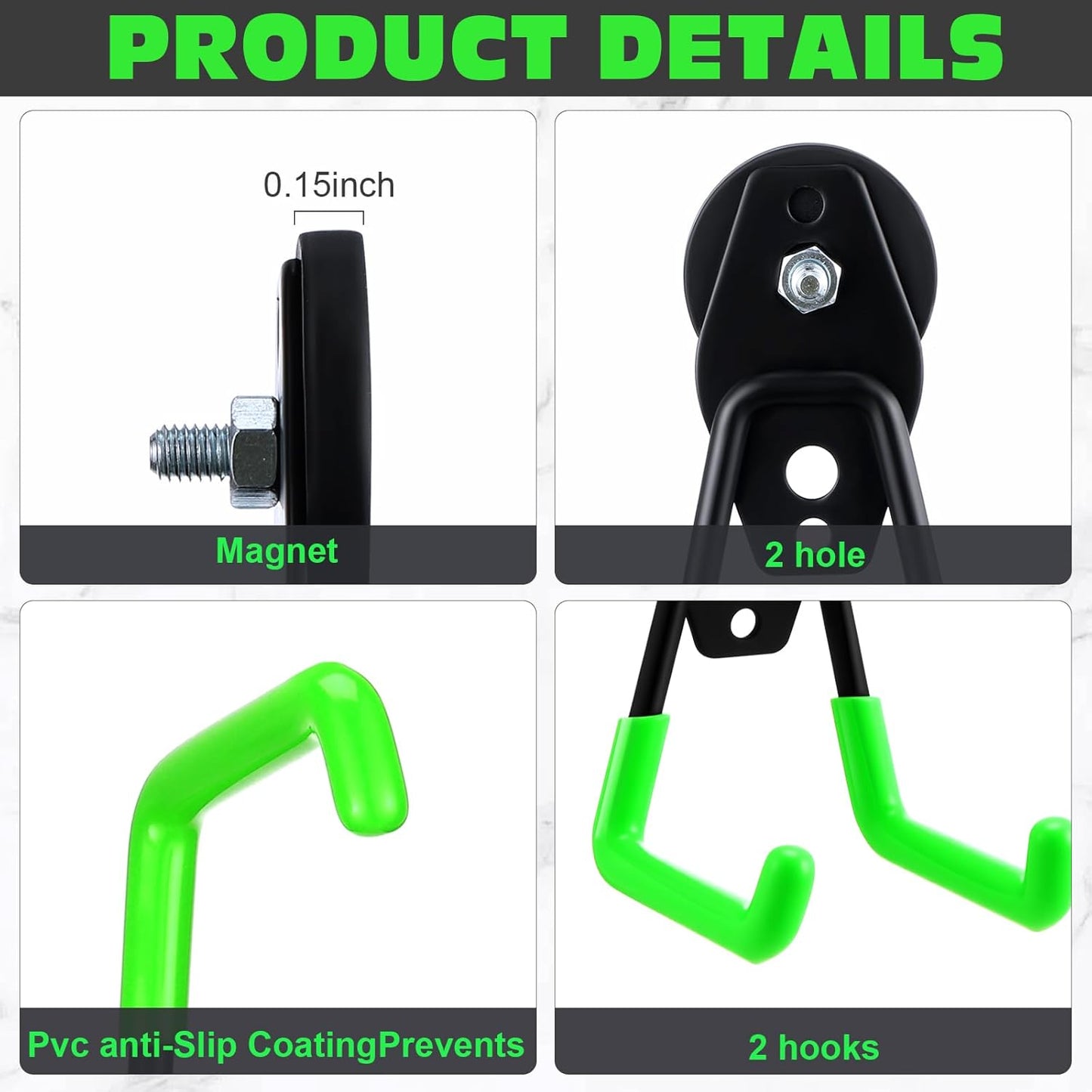 Landhoow Large Magnetic Hooks Heavy Duty Garage Magnet Hooks Strong Storage Utility Magnetic Hangers with Anti Slip Rubber Coating for Indoor and Outdoor Hanging(Green,6 Pcs)