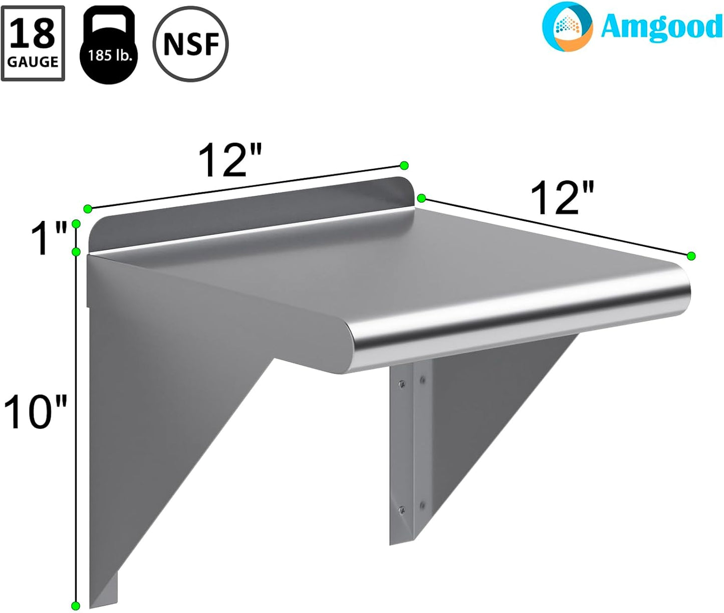 AmGood 12 in. x 12 in. Stainless Steel Wal Mount Shelf. Commercial/Home. Kitchen, Restaurant, Garage, Laundry, Utility Room. NSF