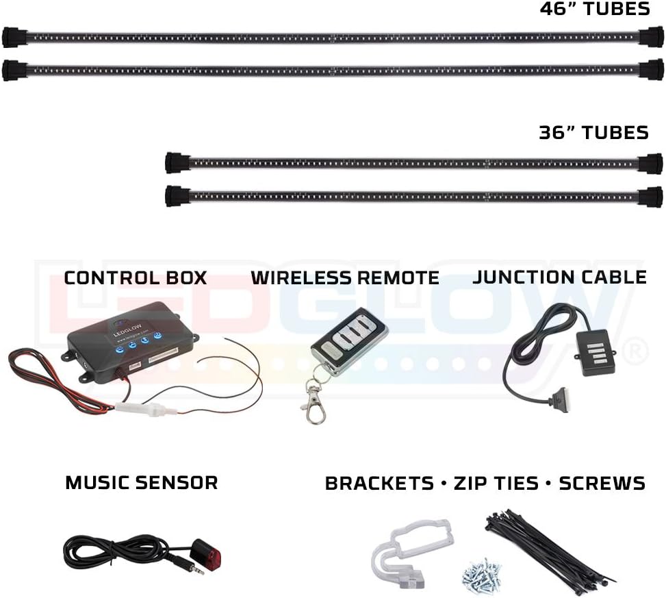 LEDGlow 4pc Million Color Multi-Color LED Underbody Underglow Accent Lighting Kit for Cars - 18 Solid Colors - 12 Unique Patterns - Music Mode - Water Resistant Tubes - Includes Control Box & Remote