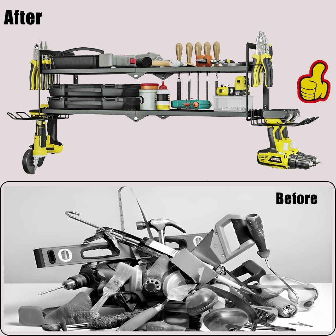 AZERPIAN Heavy Duty Power Tool Organizer Wall Mount for Drill and Cordless Tools Heavy Duty Rack for Garage Organization Workshop Pegboard (2 Layers 4 Slots)