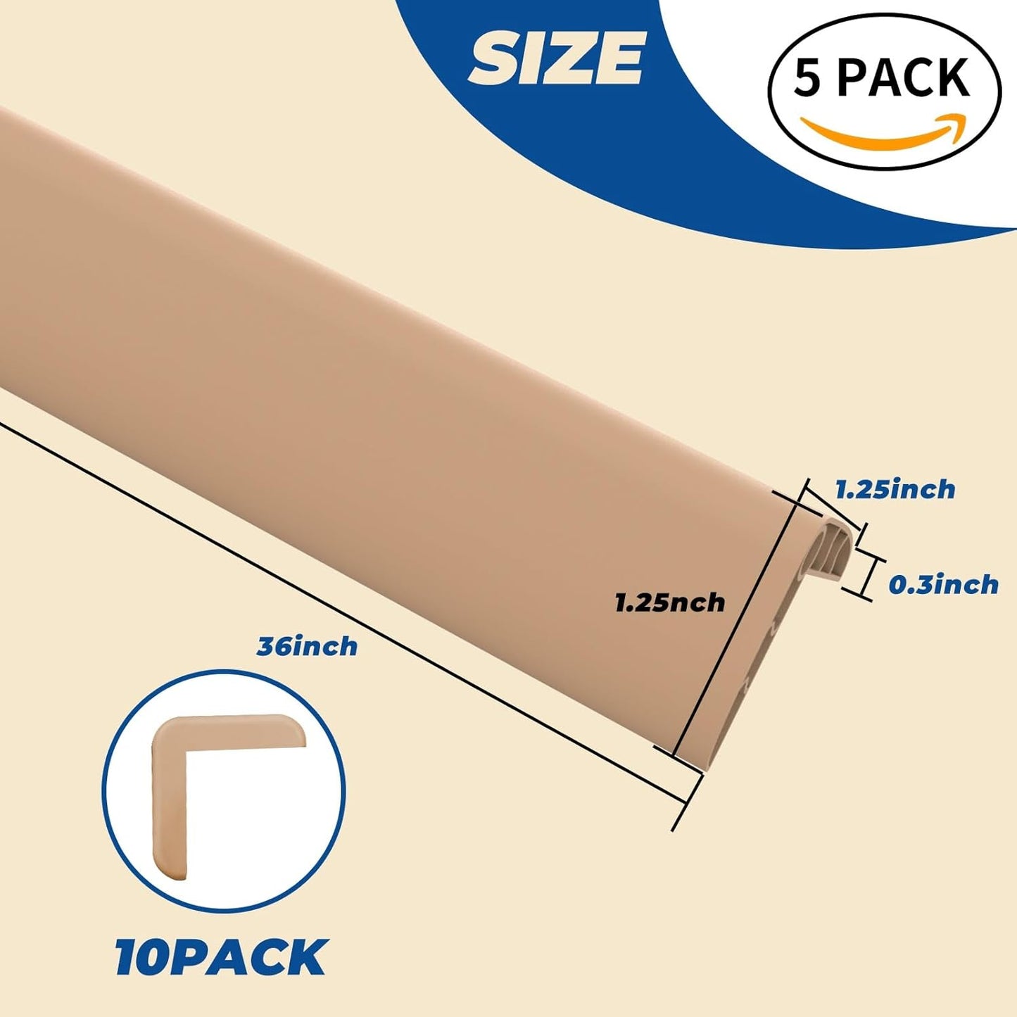 Tongmo Wall Corner Guard Edge Protector, 1x1x36 inch Baby Proofing Corner Guards, Self-Adhesive Furniture Edge Strips for Home & Office, 5 Pack (5, Lightbrown, 36" L x 2" W x 2" H)