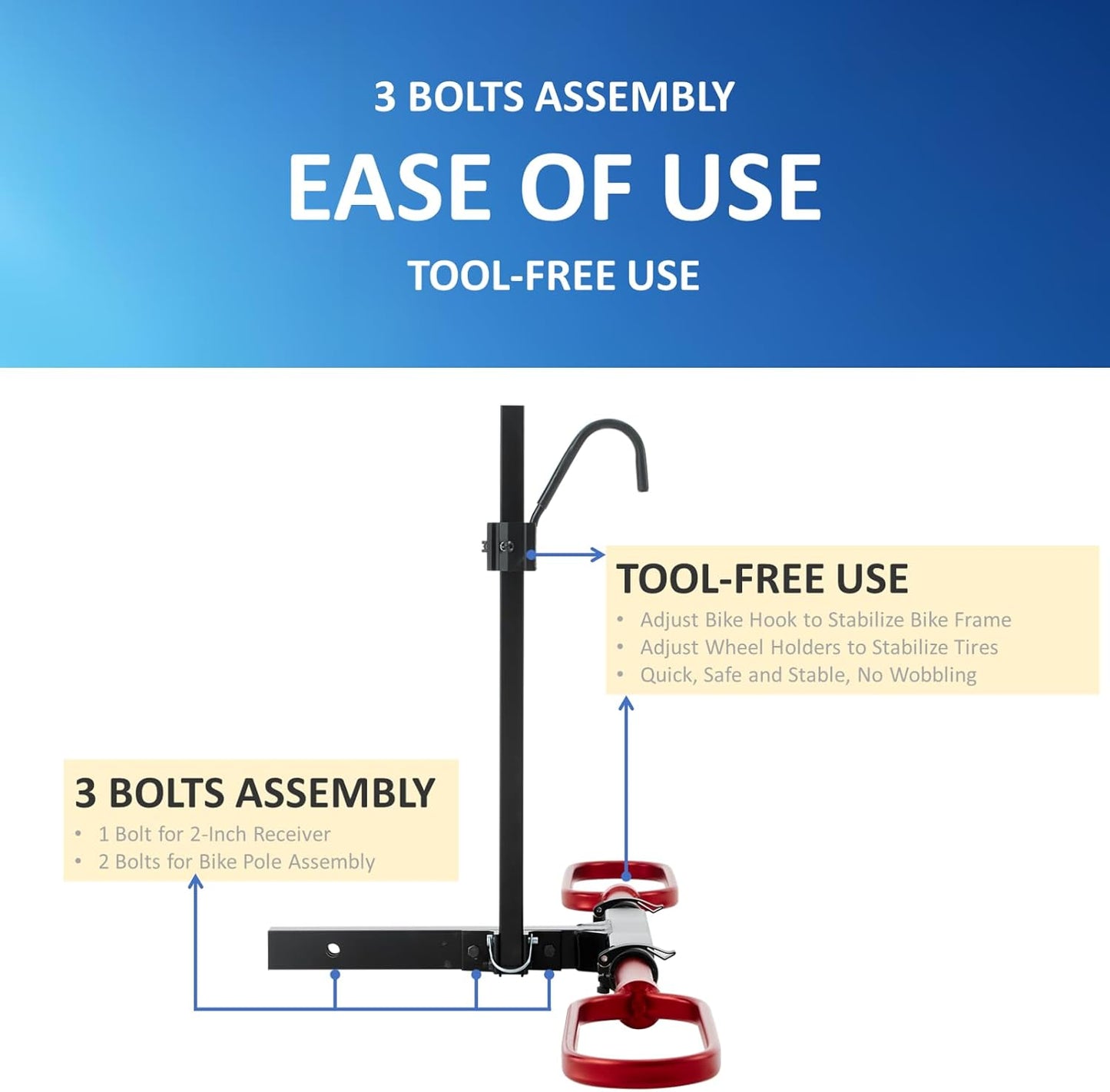 Trailer Hitch Bike Rack for Car 1 Bike, E Bike Carrier Hitch Mount, Fat-Tire Ebike Rack for Tow Hitch, Fits 2" Inch Receiver for SUV Truck Van (1 Bike - 120 Lbs Cap - Red)