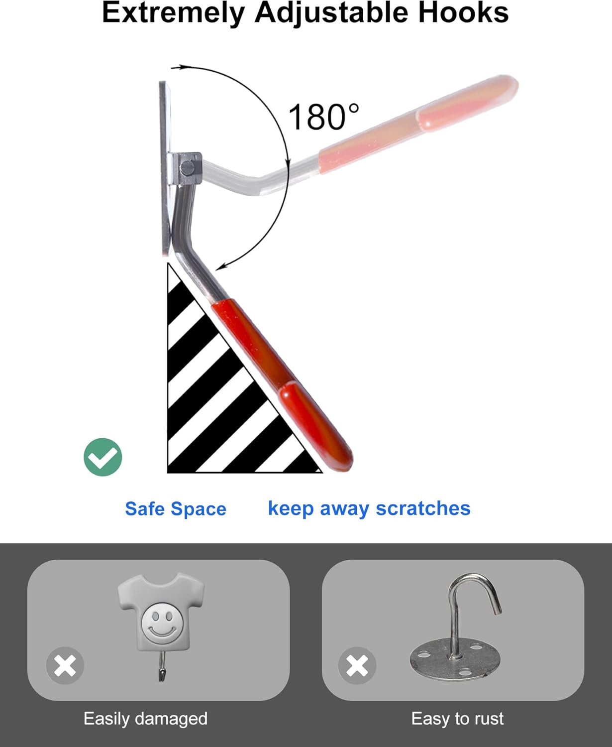 HAISHINE Garage Hooks, 8 Pack Adjustable Hooks for Wall Storage, Stainless Steel Heavy-Duty Utility Hooks with Anti-Slip Coating Organizing for Chainsaws, Bike, Garden Tools(Screws and Dowels Include)