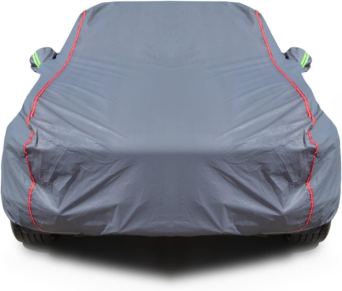 AUQDD 6-Layers PEVA New Material Sedan SUV Full Padded Car Cover Waterproof All Weather Weatherproof UV Sun Protection Snow Dust Storm Resistant Outdoor Exterior Custom Form-Fit Straps 178"-189" Grey