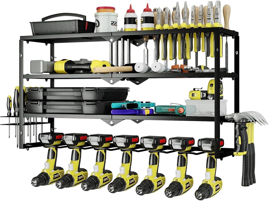 AZERPIAN Tool Organizer Heavy Duty Power Wall Mount for Drill and Cordless Tools Heavy Duty Rack for Garage Organization Workshop Pegboard (3 Layers 7 Slots)