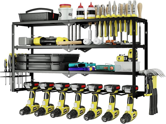 AZERPIAN Tool Organizer Heavy Duty Power Wall Mount for Drill and Cordless Tools Heavy Duty Rack for Garage Organization Workshop Pegboard (3 Layers 7 Slots)