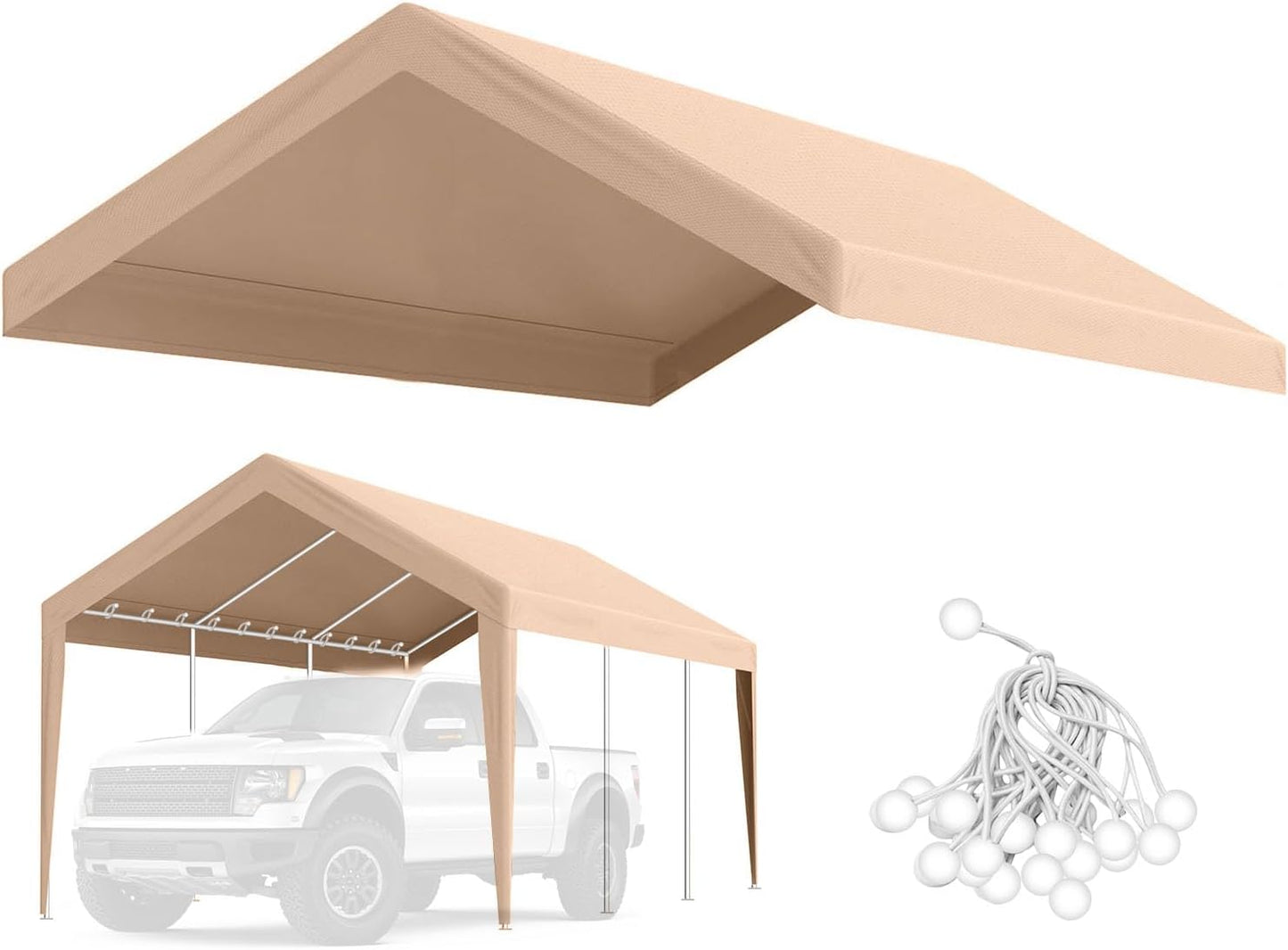 12'x20' Canopy Replacement Cover,Beefull Carport Replacement Canopy for Car Garage, Waterproof & UV Protected Tarp with Ball Bungees, Beige(Frame is not Included)