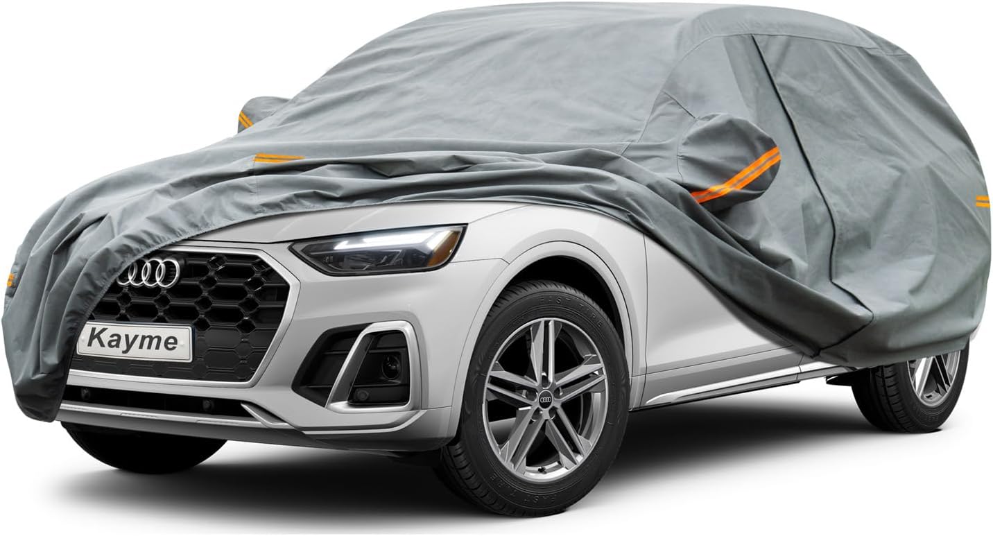 Kayme Heavy Duty SUV Car Cover Waterproof All Weather, Full Exterior Covers Sun Rain UV Protection. Universal Fit Audi Q5, BMW X3, Mazda CX-5, Hyundai Sante Fe, Tesla Model Y, Toyota RAV4, Honda CRV.