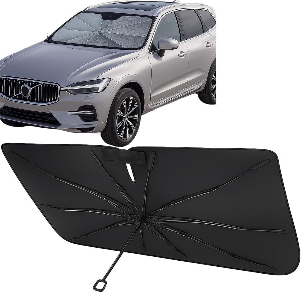 Proadsy Windshield Sun Shade Umbrella for Volvo XC60 2018-2025 2026 Foldable Car Umbrella Sunshade with Soft TPU Handle Spring Structure Crystal Cooling Material Protect Car from Rays & Heat