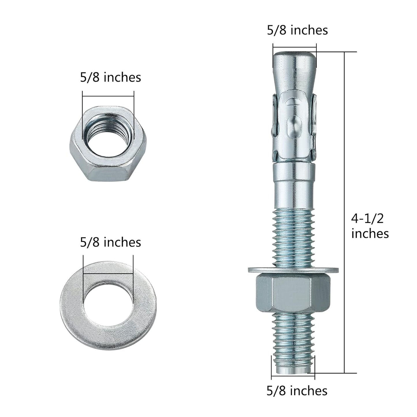 5/8x4-1/2 10Pcs Inch Standard Fasteners for Heavy-Duty Zinc Wedge Anchors for Cement and Concrete
