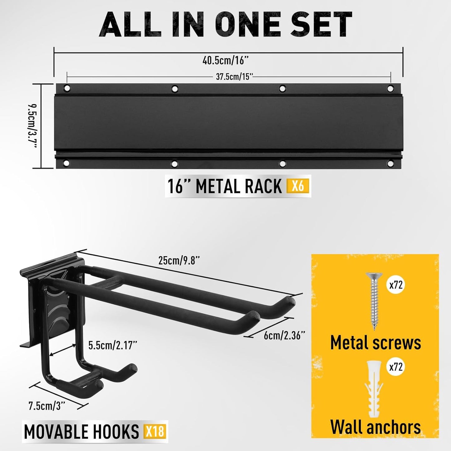 ELEAD 96 Inches Garage Storage, Garage Organization, Garden Tool Organizer Wall Mount, 18 Adjustable Heavy Duty Metal Hooks, Holds Up to 1460 lbs, Yard Tool Organizer for Garden, Yard, and Shed