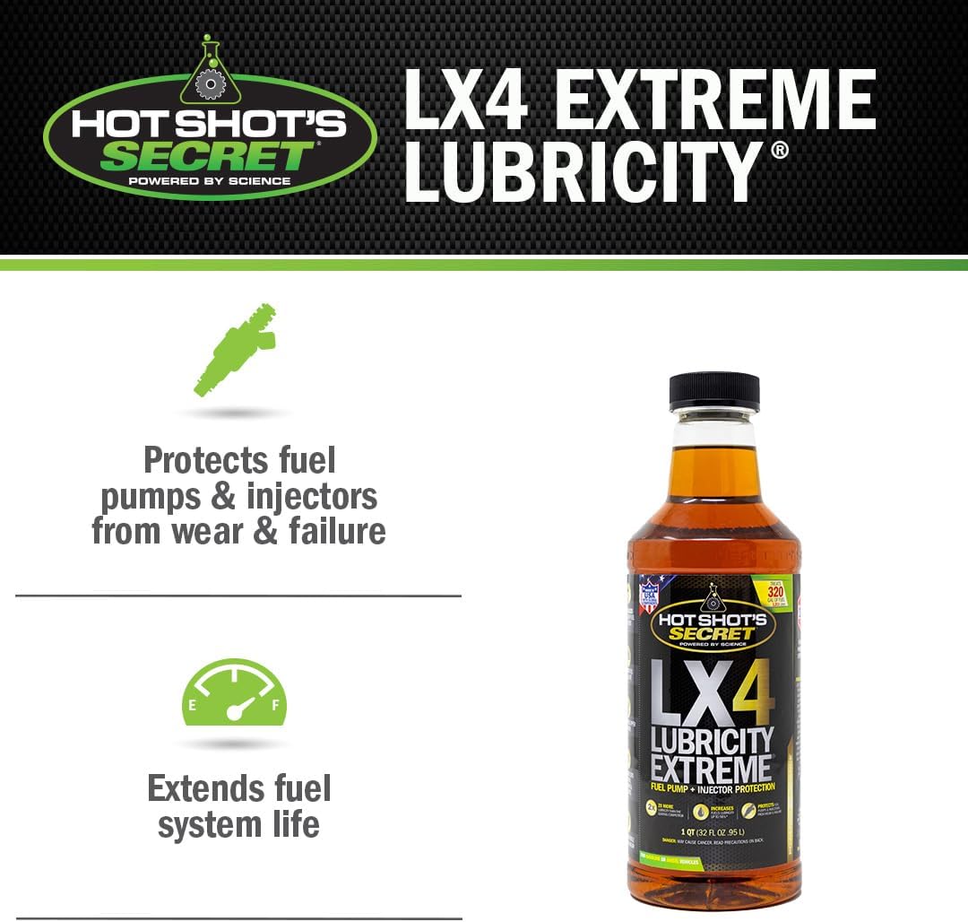 Hot Shot's Secret LX4 Lubricity Extreme – 32 Fl Oz - Fuel System Protection – Lubricates and Protects Fuel Pump and Injectors – Prevents Wear and Damage – For Gasoline or Diesel Engines