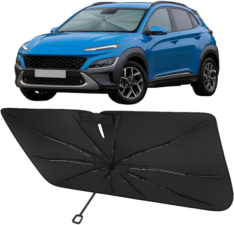 Proadsy Windshield Sun Shade Umbrella for Hyundai Kona 2018-2023 Foldable Car Umbrella Sunshade with Soft TPU Handle Spring Structure Crystal Cooling Material Protect Car from Rays & Heat