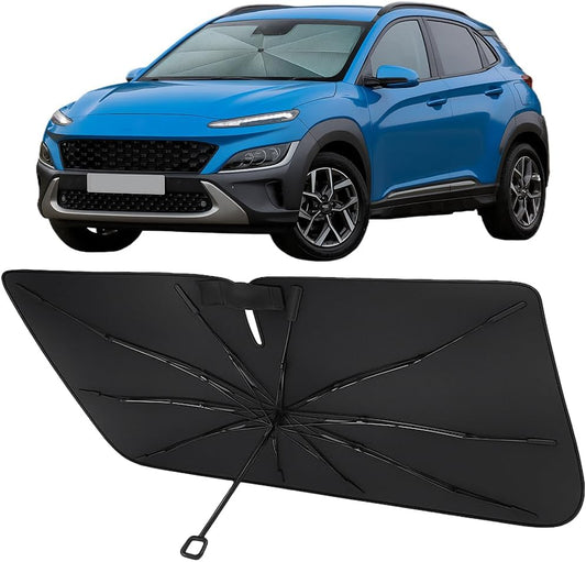 Proadsy Windshield Sun Shade Umbrella for Hyundai Kona 2018-2023 Foldable Car Umbrella Sunshade with Soft TPU Handle Spring Structure Crystal Cooling Material Protect Car from Rays & Heat