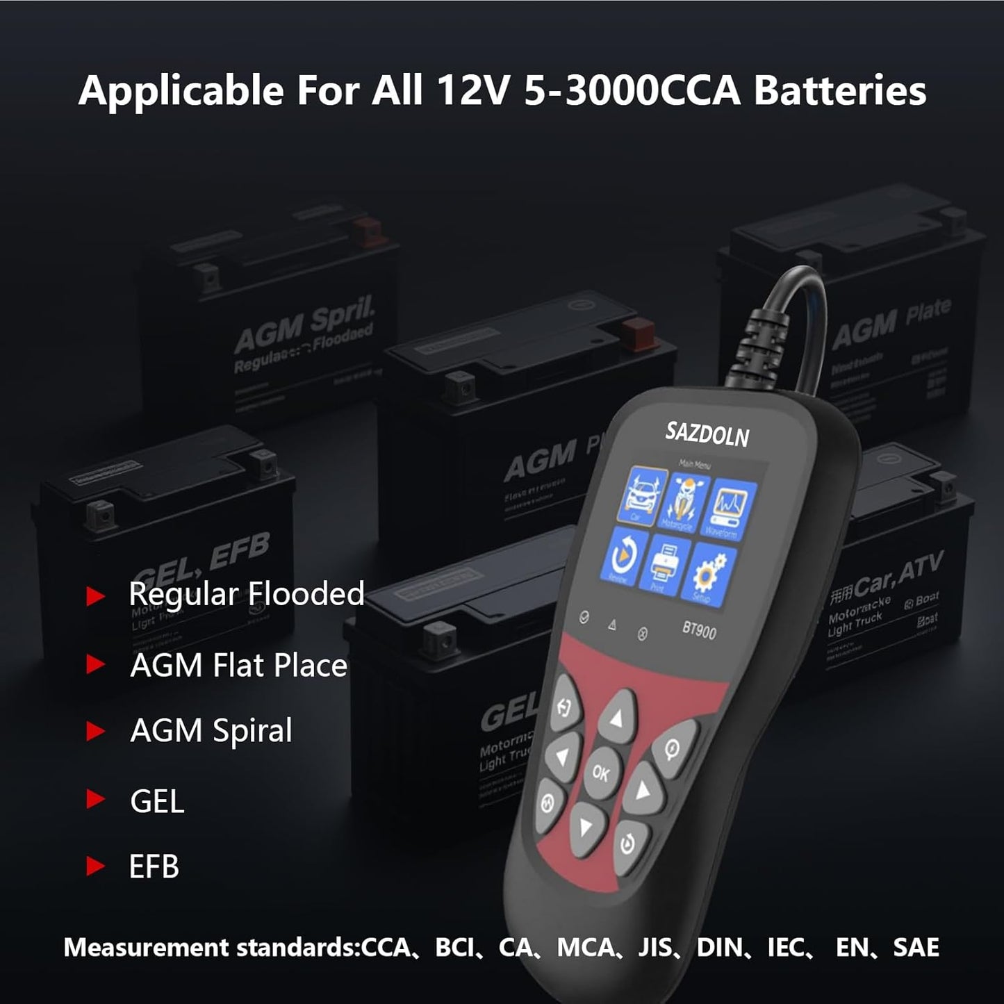 BT900 Car-Battery-Tester 6V 8V 12V, Automotive 100-2000CCA Battery-Load-Tester Analyzer, Digital Auto Battery Analyzer for Car Truck Marine Motorcycle SUV Boat,Black ﻿