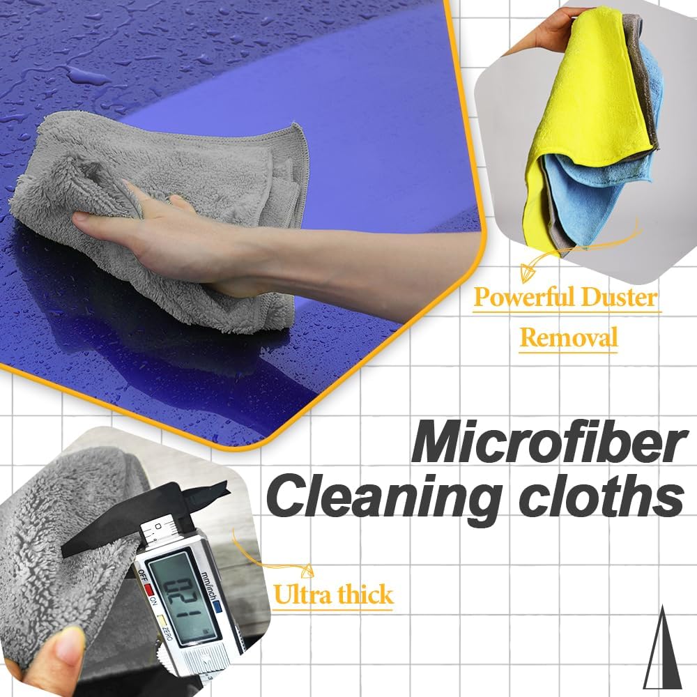 Microfiber Car DryingTowel, Exterior & Interior, Extra Soft,Reusable and Durable,Absorbent, Lint-Free,Interior Microfiber Rags 16in x 16in-12 Packs Grey+Blue+Yellow