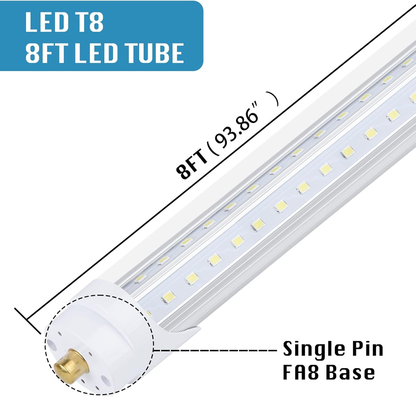 12 Pack, T8/T10/T12 8FT LED Tube Light, Single Pin FA8 Base, 100W 6000LM 6000K Cold White, 270 Degree V Shaped LED Fluorescent Bulb (200W Equiv.), Clear Cover, Dual-Ended Power