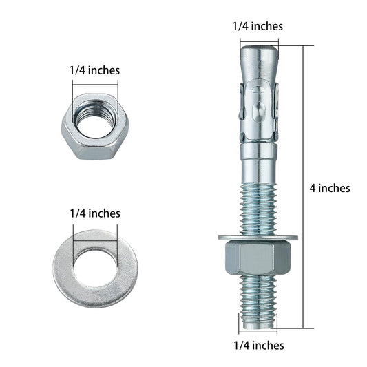 1/4x4" 100Pcs Inch Standard Fasteners for Heavy-Duty Zinc Wedge Anchors for Cement and Concrete