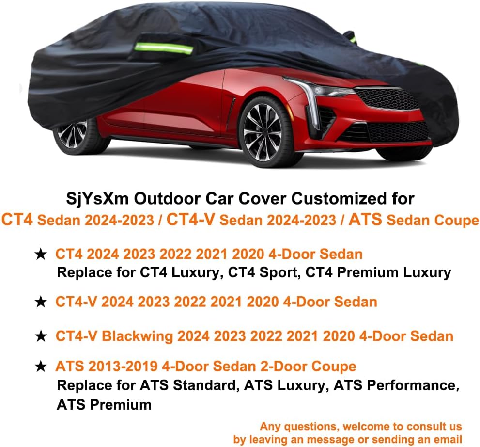Car Cover Compatible with Cadillac CT4 2020-2025, Waterproof All Weather Car Cover with Cotton Lining, Rain Snow Sun Dust Car Covers with Reflective Strip and Windproof Straps, Outdoor Indoor