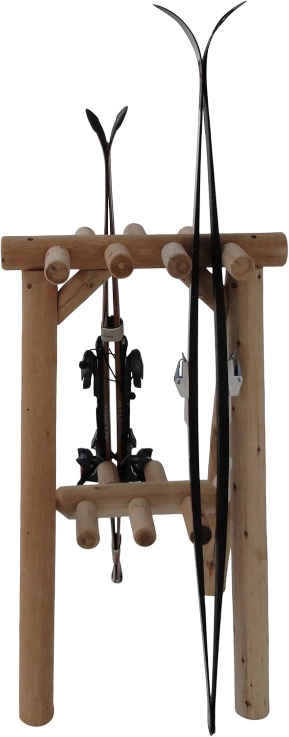 9-Place Freestanding Log Ski Rack Holder, Indoor & Outdoor Snowboard Racks, Standing Storage, Garage Racks for Snow Skis & Poles, Durable Snowboard Rack Garage Storage Organizer - Natural