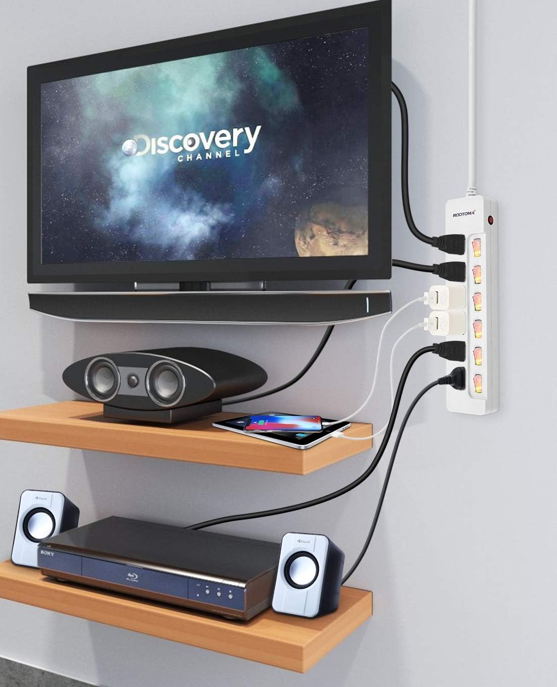 ROOTOMA Power Strip Surge Protector with Individual Switches,6-Foot 14AWG Long Extension Cord 1875W/15A Wall Mount for Office Dorm Home Theatre (6outlets-6ft)