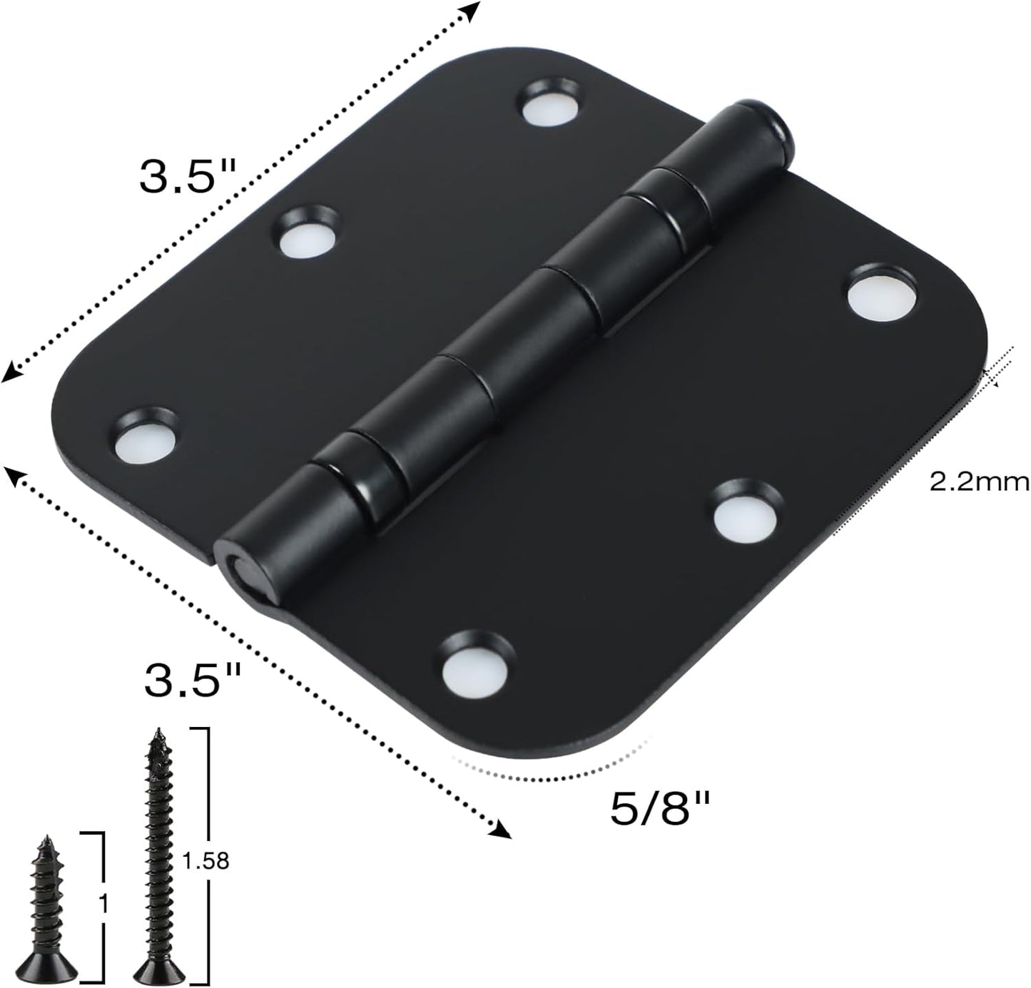 6 Pack No Squeak Matte Black Door Hinges 3.5 Inch 5/8"Radius Round Ball Bearing Interior 3-1/2"Flat Iron Bifold Residential Standard Bedroom Indoor for Doors 3 ½" Hardware House Home Decor Essentials