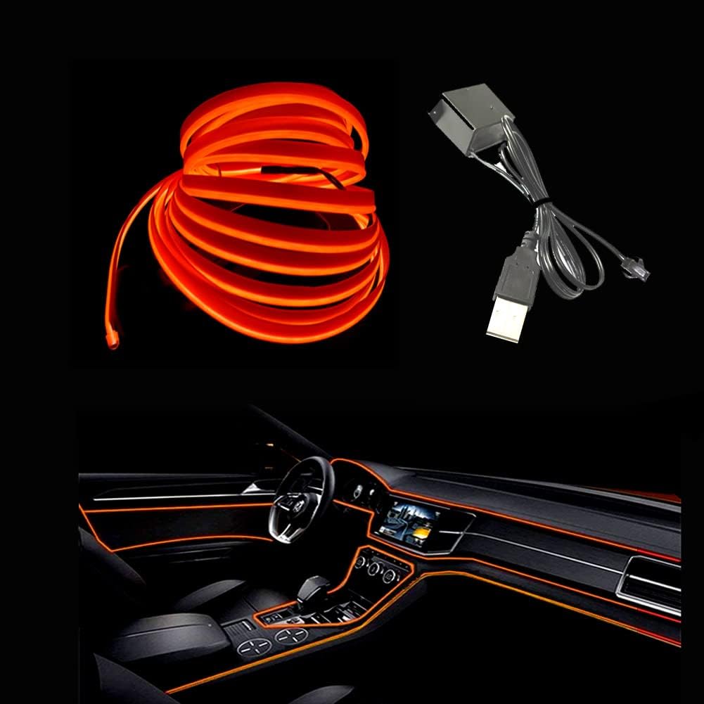 El Wire Orange Interior Car LED Strip Lights, 3M Neon Wire USB 5V with Fuse Protection for Automotive Interior Decoration, with 6mm Sewing Edge