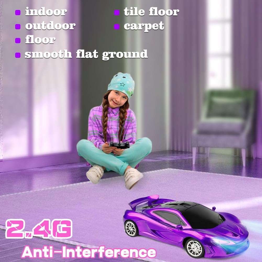 Remote Control Car for Girls, RC Sport Racing for Kids Hobby Toy, 2.4GHz Electric Power On Road High Speed Drift Model Vehicle with Led Headlight and Controller Rechargeable,Xmas Birthday Gifts Purple