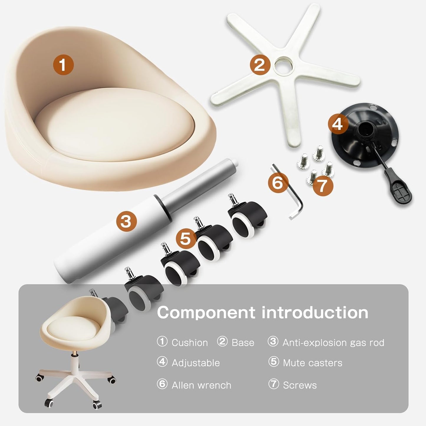 Rolling Stool Set of 3 Rolling Hydraulic Salon Stool with Low Backrest - Adjustable Swivel Chair for SPA, Shop, Salon, Massage, or Medical Office Beige