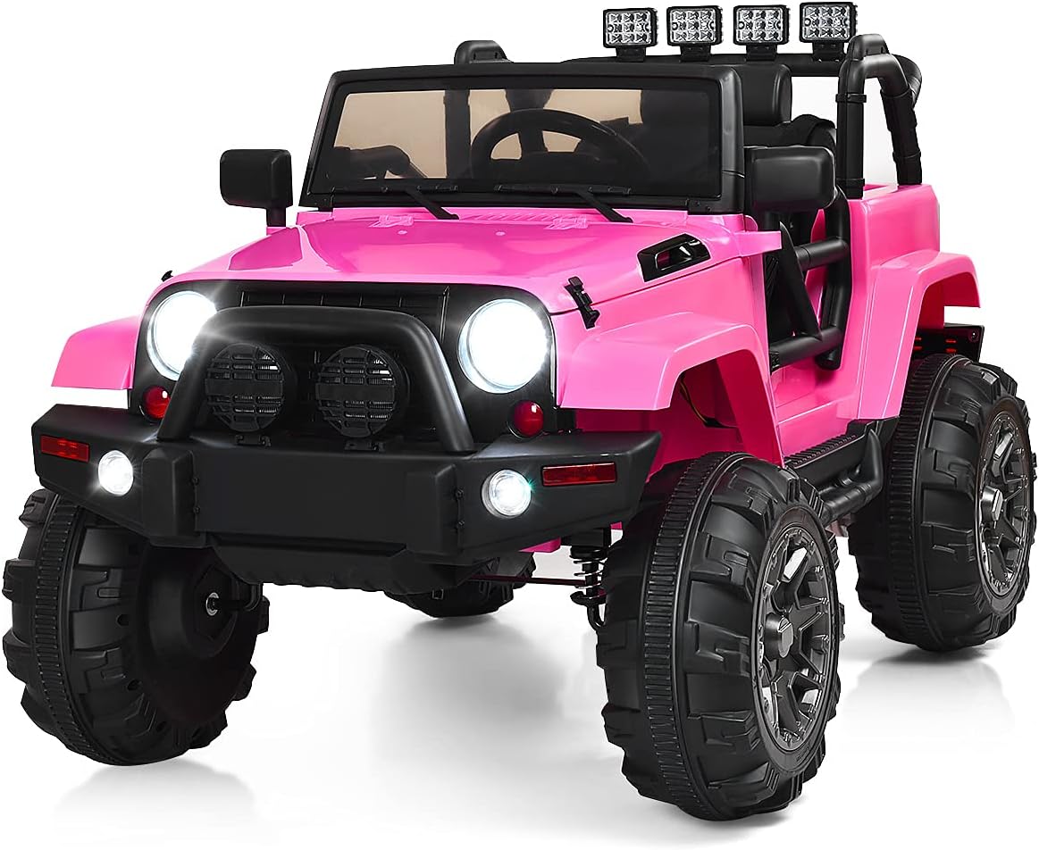 Costzon Ride On Car, 12V Battery Powered Electric Ride On Truck w/Parental Remote Control, LED Lights, Double Open Doors, Safety Belt, Music, MP3, Spring Suspension (Pink)
