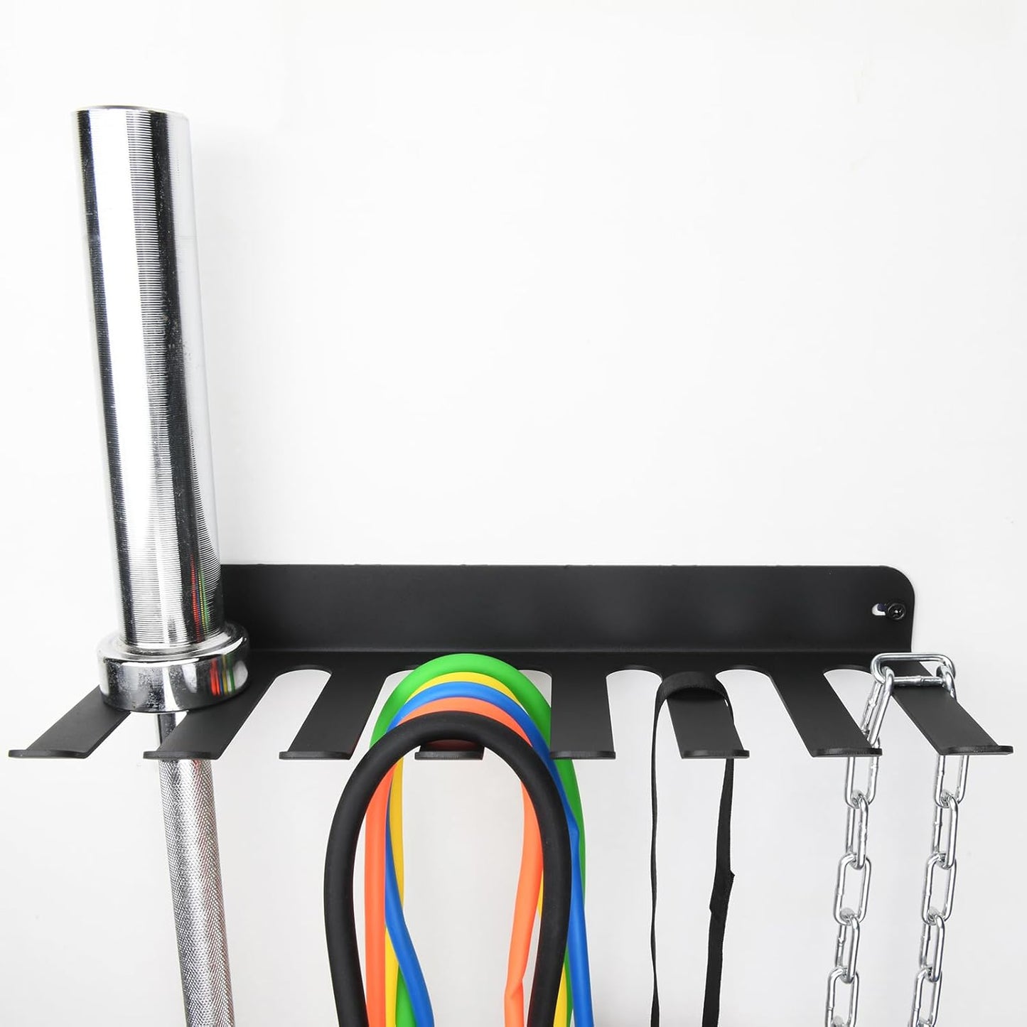 Performance Seven Bars Holder Storage,Custom Powder Coated HEAVY-DUTY STEEL Mount Wall Rack Storage Rack,Weight Room Organizer with 8 Wall Hooks for Exercise Bands Jump Ropes Chains Lifting Belts