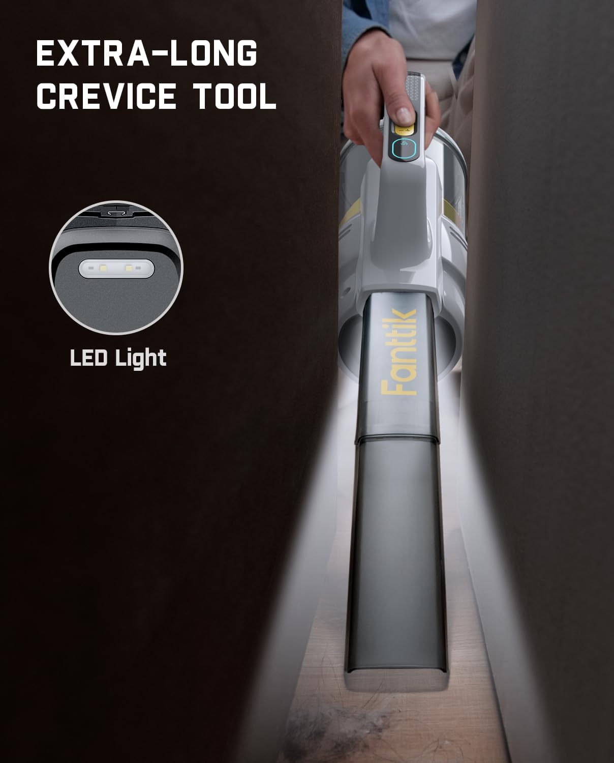 Fanttik Cruise V9 Car Vacuum Cleaner Suction Power with 15000Pa Handheld Vacuum Cordless with Extension Tube & LED Display & Light, Cordless Portable Mini for Home Car Cleaning, White