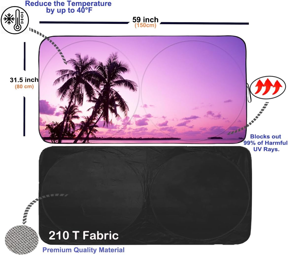 Gven Sunshade for Car Windshield with Tropical Palm Tree Design- UV Protection& Heat Blocking Sunshade for Cars Sedan SUV Truck| Keep Car Cool in Summer Beach Vacation Style (Sunset, S)