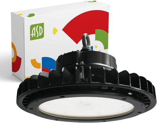 ASD LED High Bay UFO Light Fixture, Commercial Shop Lighting | Dimmable, IP69K Waterproof, DLC Premium, UL Listed | 200W 29000LM 3500K 100-277V | Warehouse, Garage, Workshop, Barn Lamp | Black
