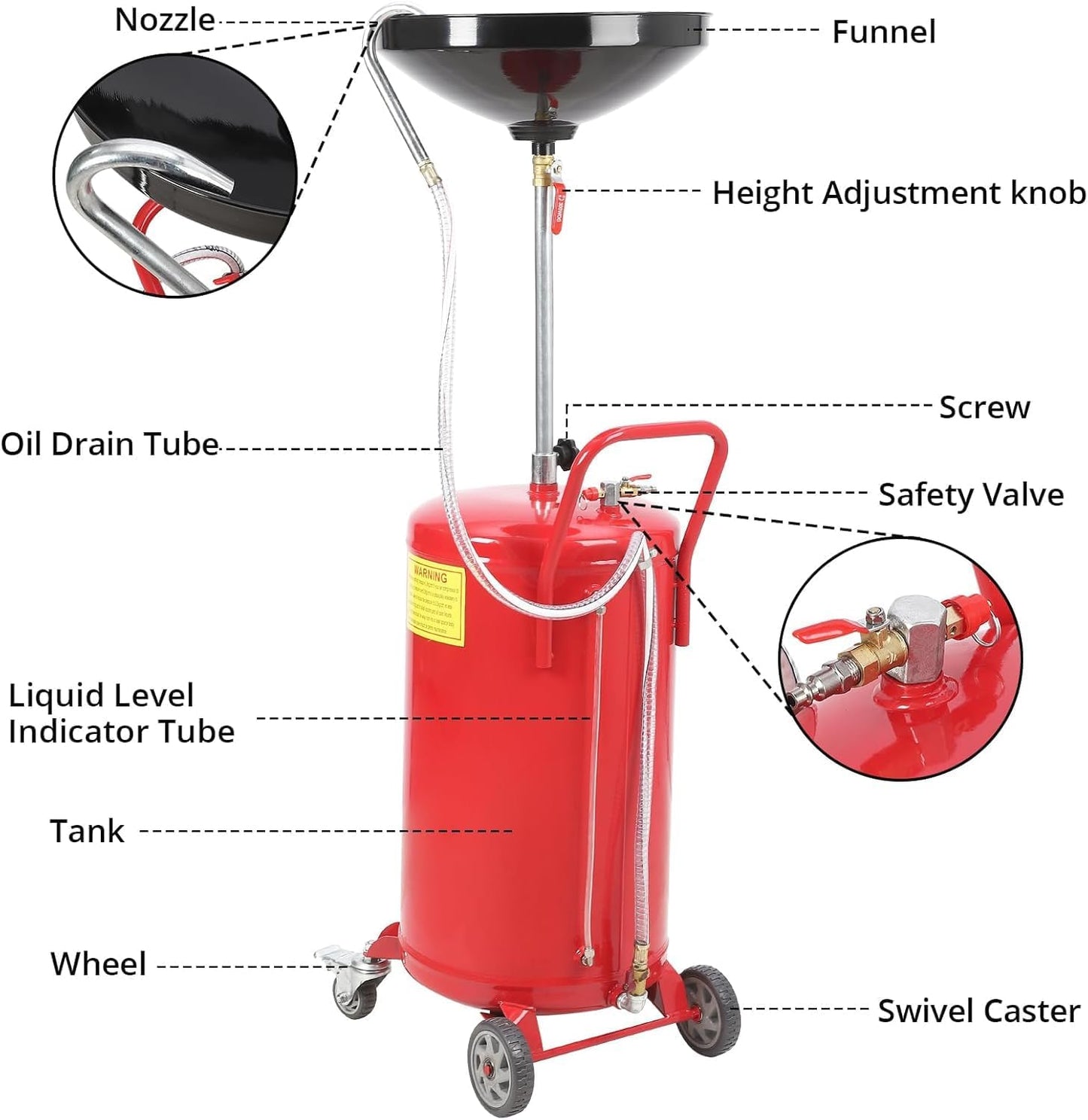 20-Gallon Waste Oil Drain Tank, Air Operated Portable Oil Drainer with Adjustable Funnel Height, Fluid Fuel Transfer Drainage with Wheels, Oil Change Container for Garages, Auto Repair Shops